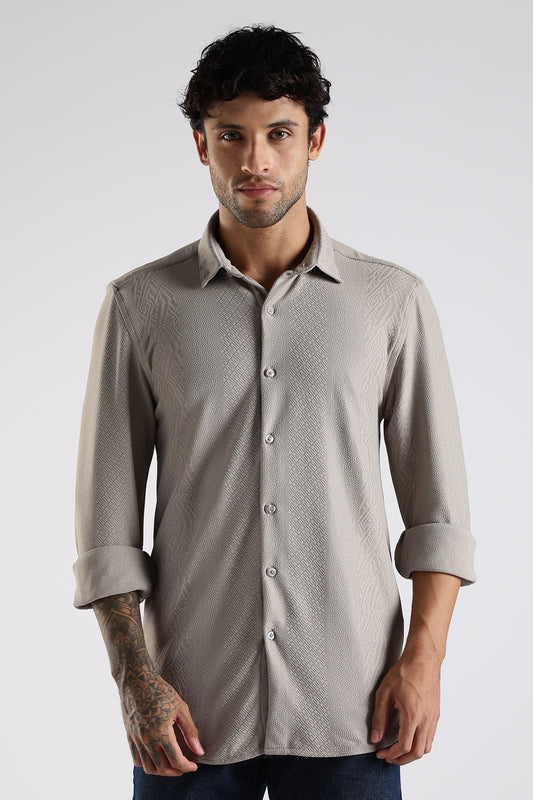 Regular Fit Textured Jacquard Fabric Beige Grey Shirt