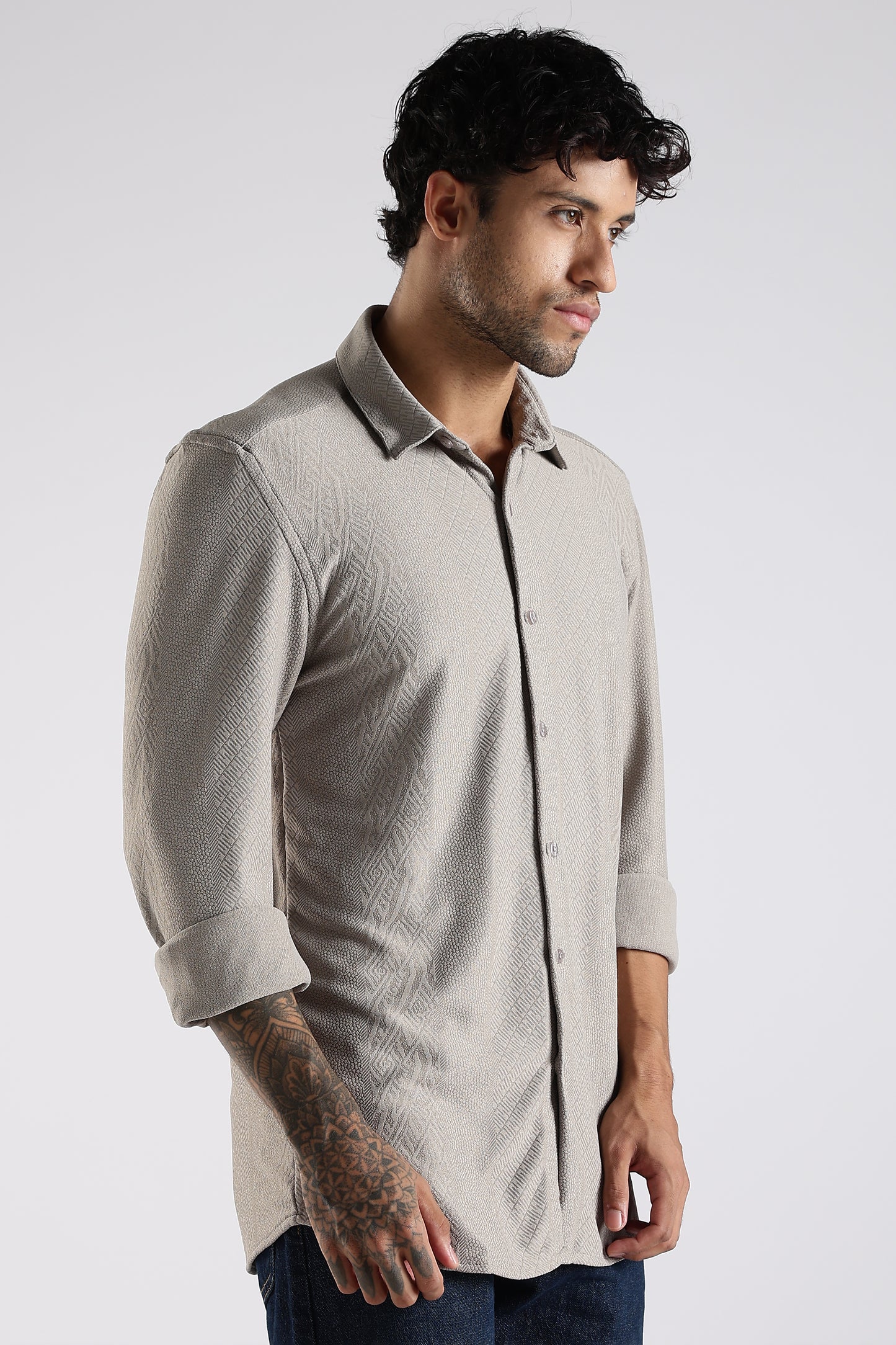 Regular Fit Textured Jacquard Fabric Beige Grey Shirt