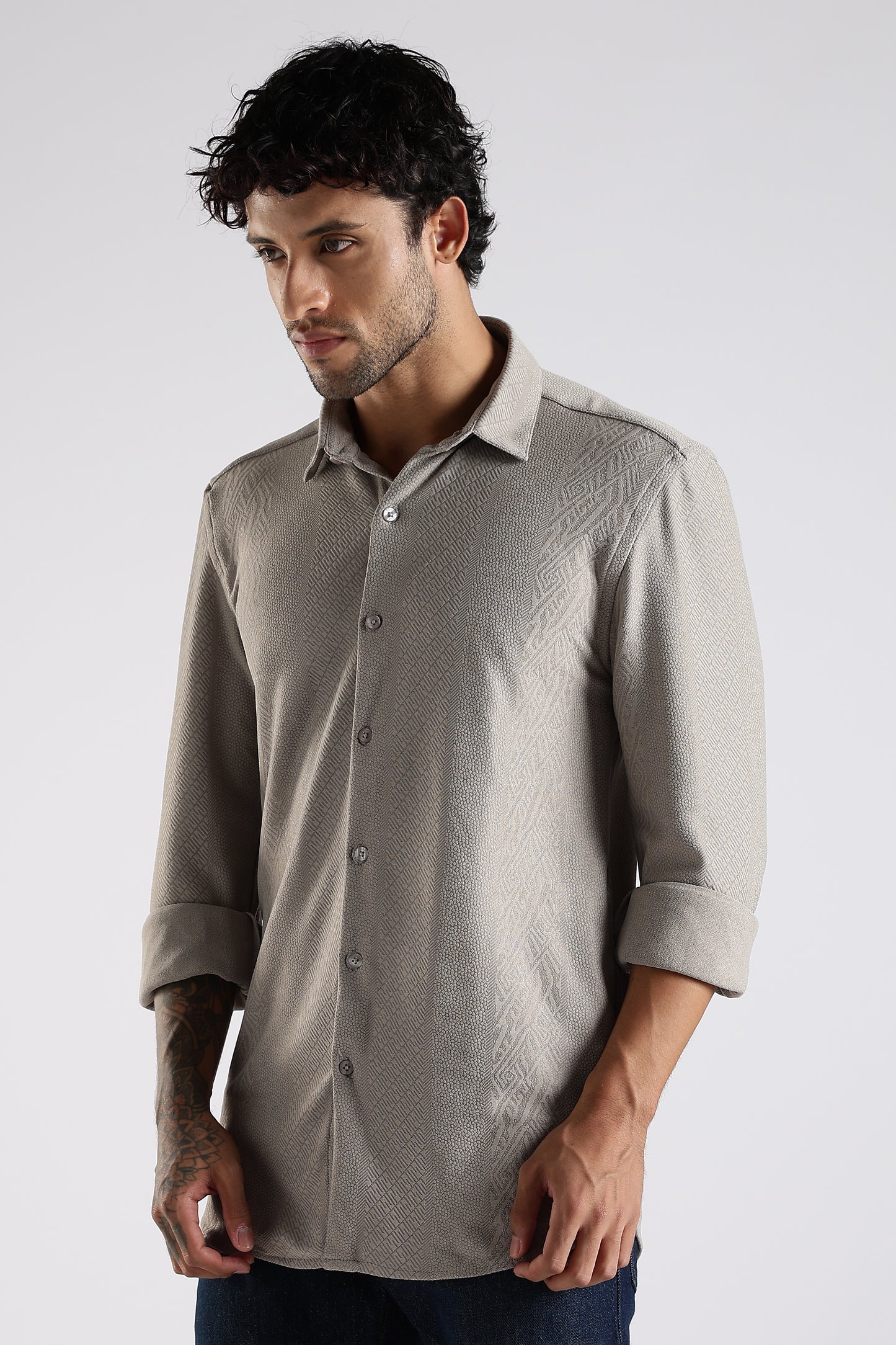 Regular Fit Textured Jacquard Fabric Beige Grey Shirt