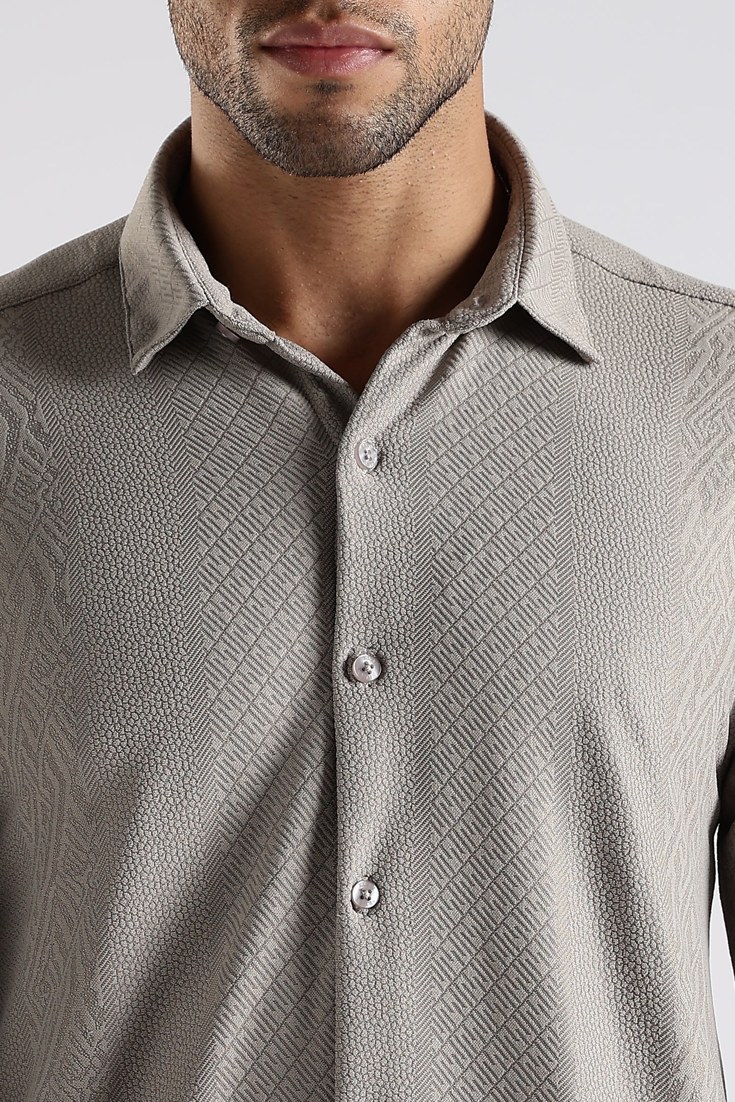 Regular Fit Textured Jacquard Fabric Beige Grey Shirt