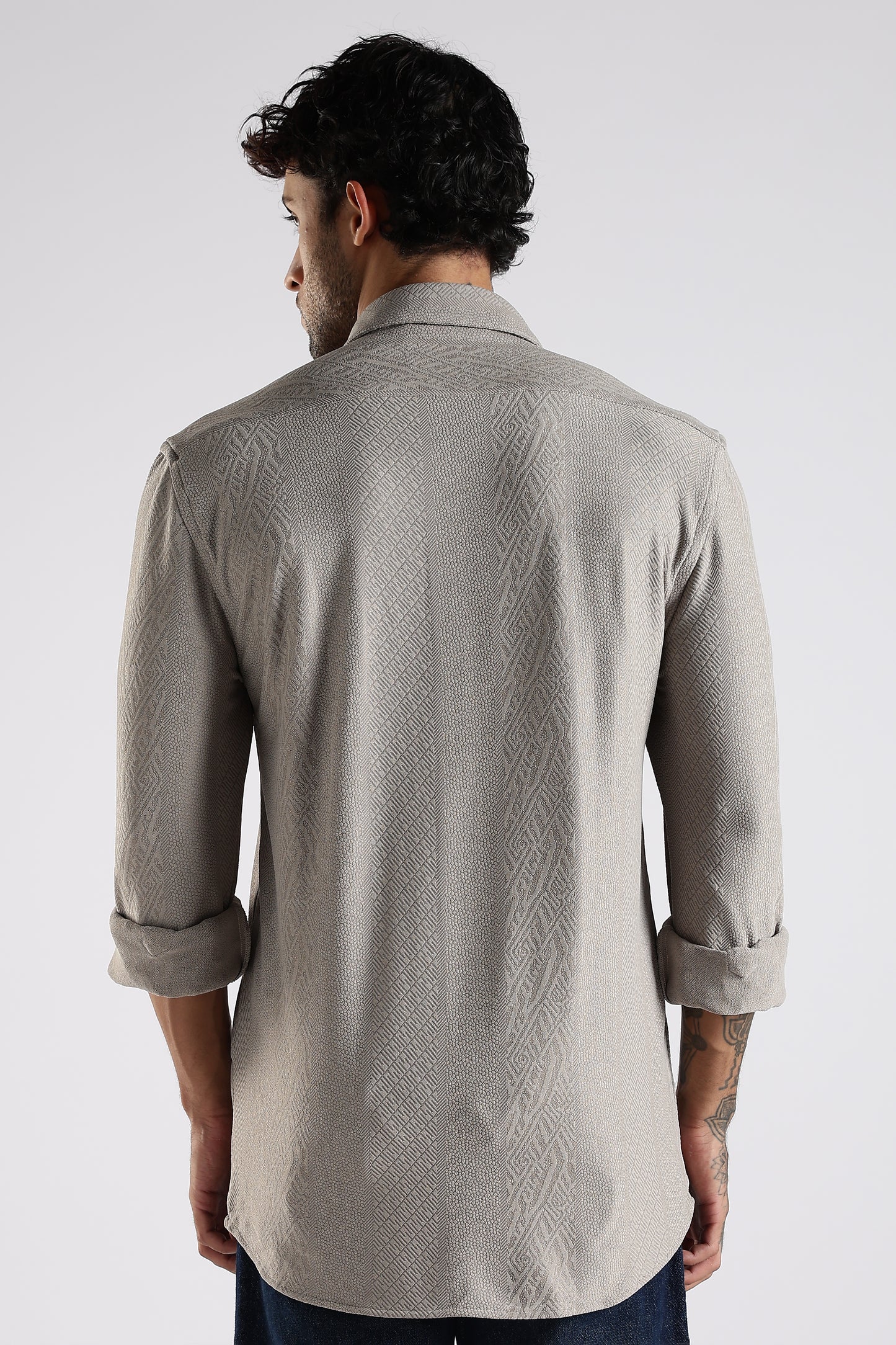 Regular Fit Textured Jacquard Fabric Beige Grey Shirt