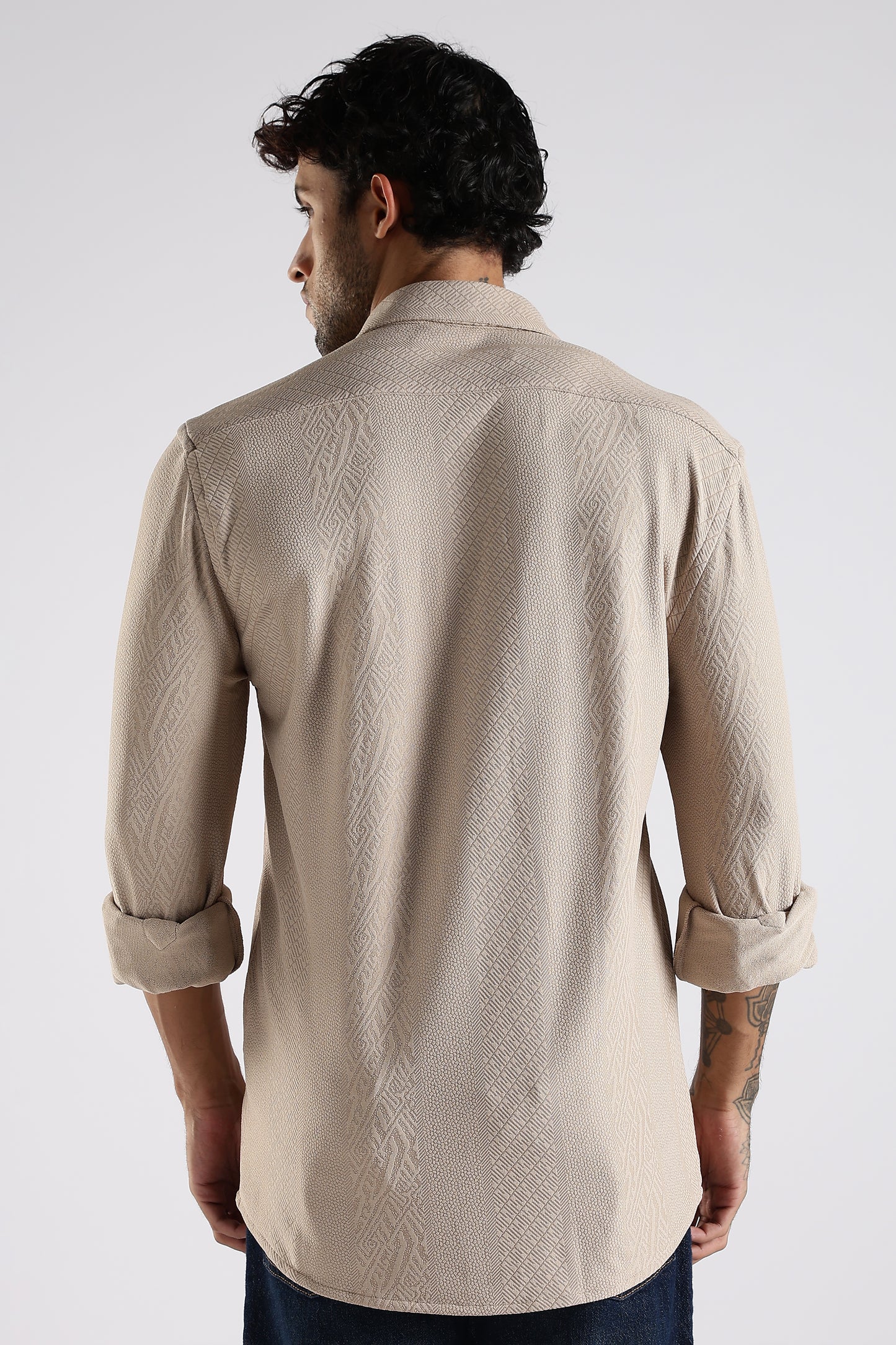 Regular Fit Textured Jacquard Fabric Warm Beige Shirt