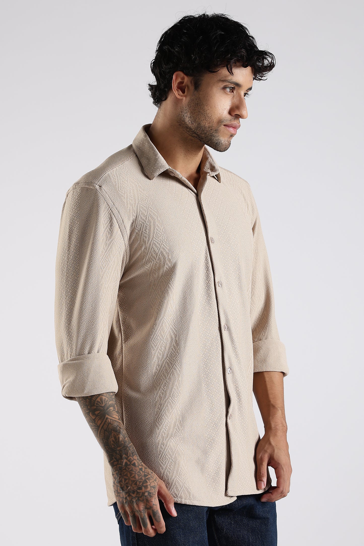 Regular Fit Textured Jacquard Fabric Warm Beige Shirt