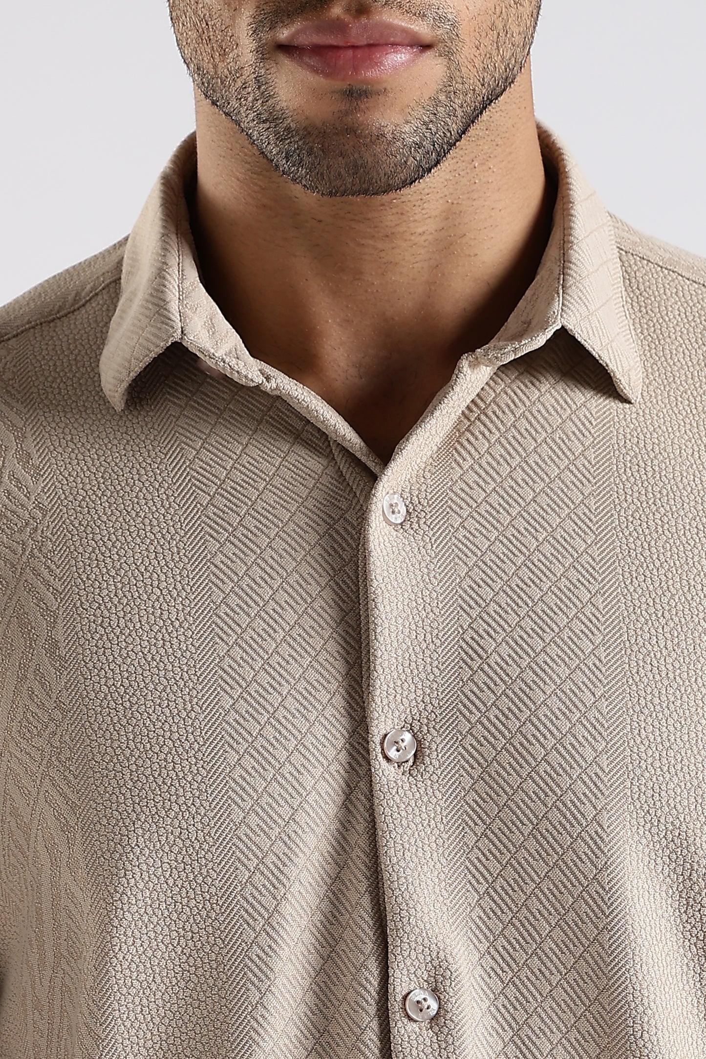 Regular Fit Textured Jacquard Fabric Warm Beige Shirt