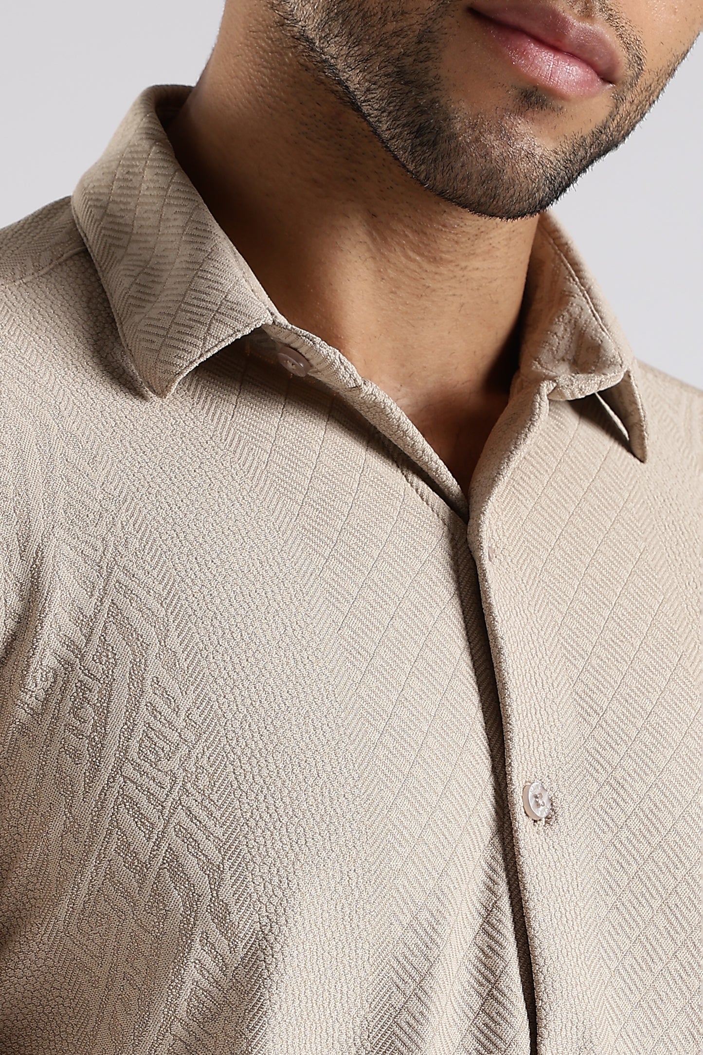 Regular Fit Textured Jacquard Fabric Warm Beige Shirt