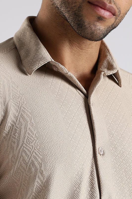 Regular Fit Textured Jacquard Fabric Warm Beige Shirt