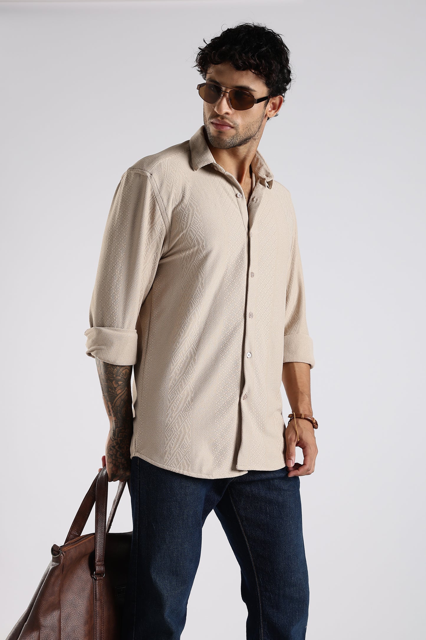 Regular Fit Textured Jacquard Fabric Warm Beige Shirt