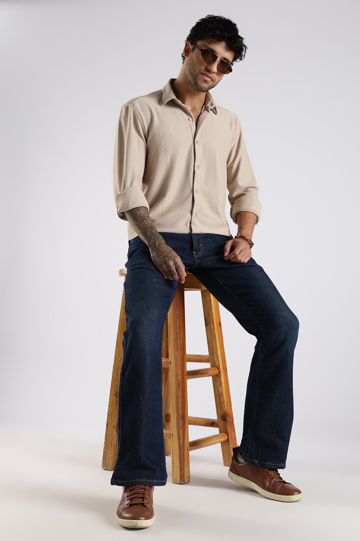 Regular Fit Textured Jacquard Fabric Warm Beige Shirt