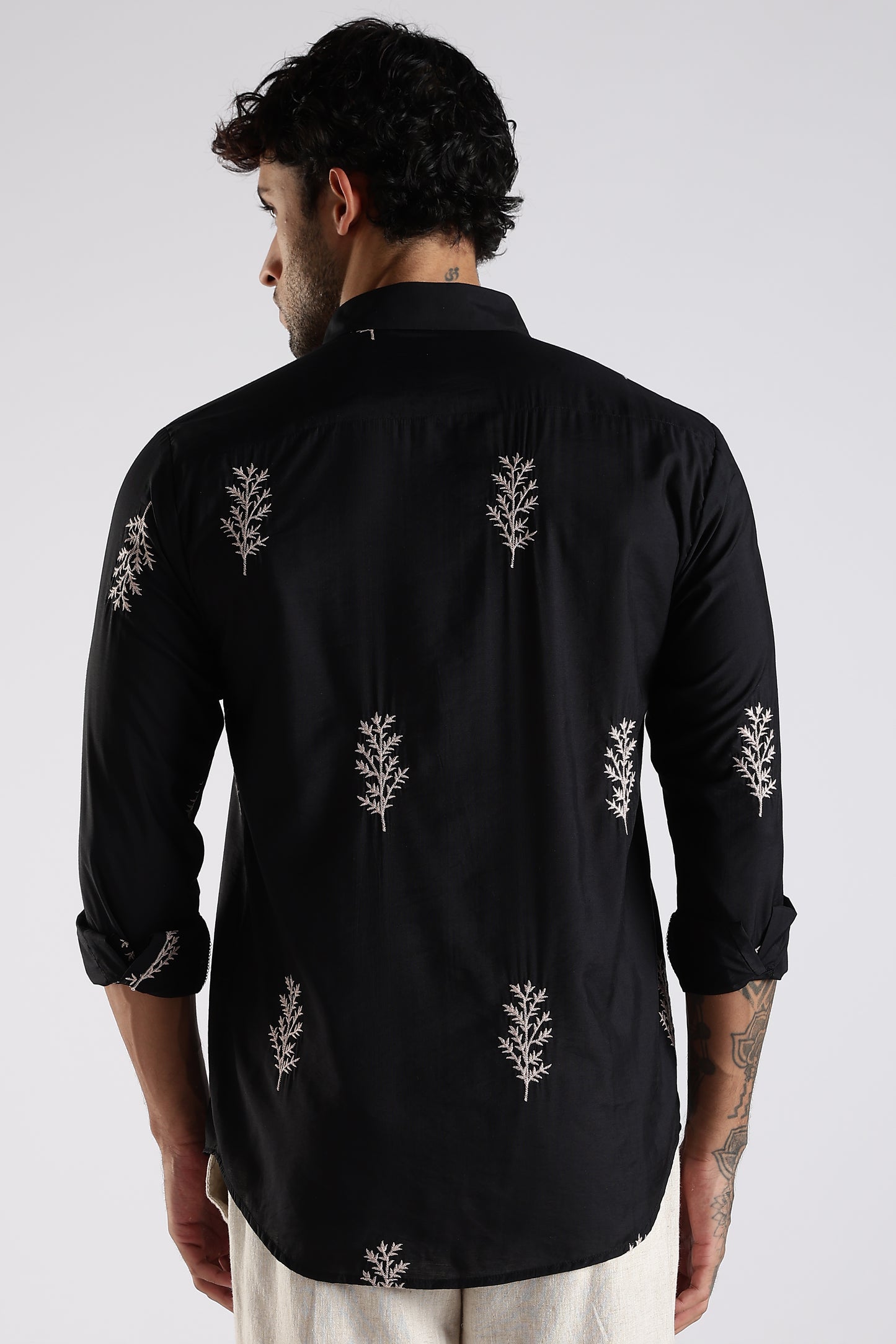 Regular Fit Leaf Embroidary Designer Black Shirt