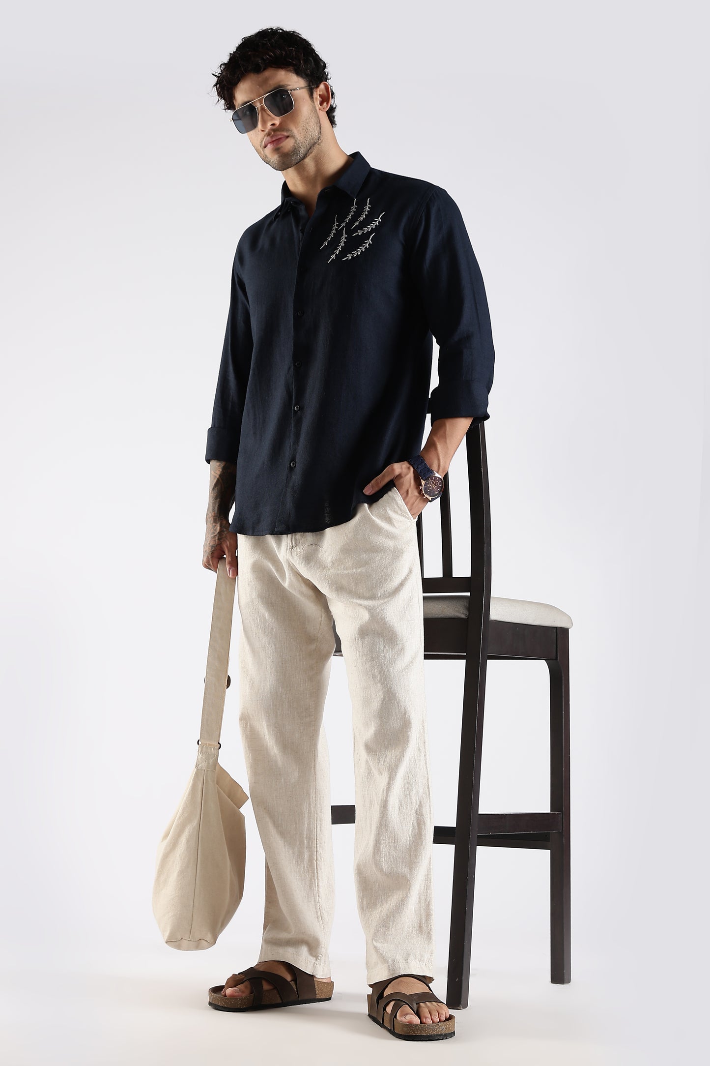 Regular Fit Embroidery Linen Blend Designer Dark Navy Blue Shirt