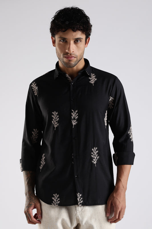 Regular Fit Embroidary Designer Black Shirt