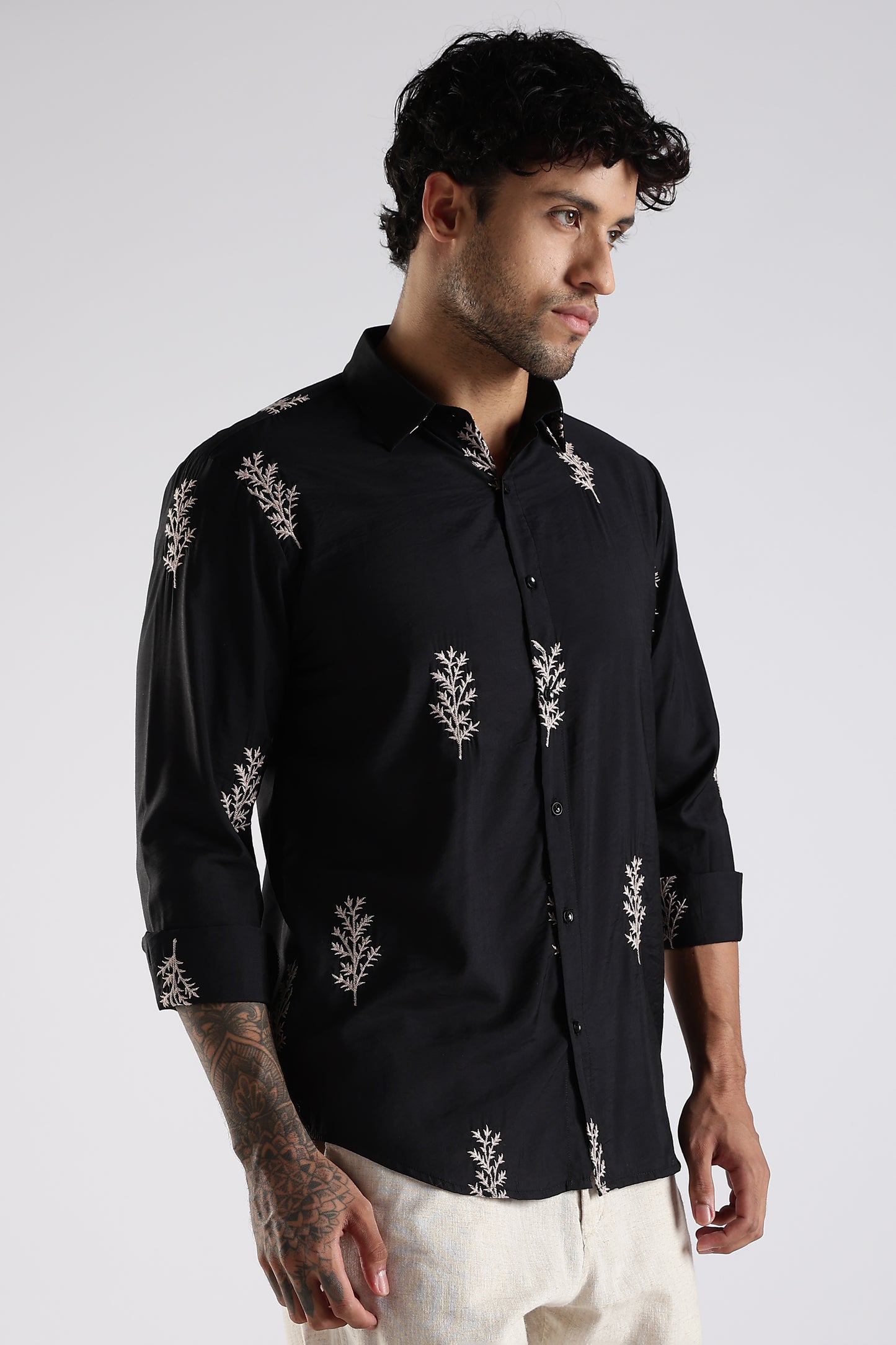 Regular Fit Leaf Embroidary Designer Black Shirt