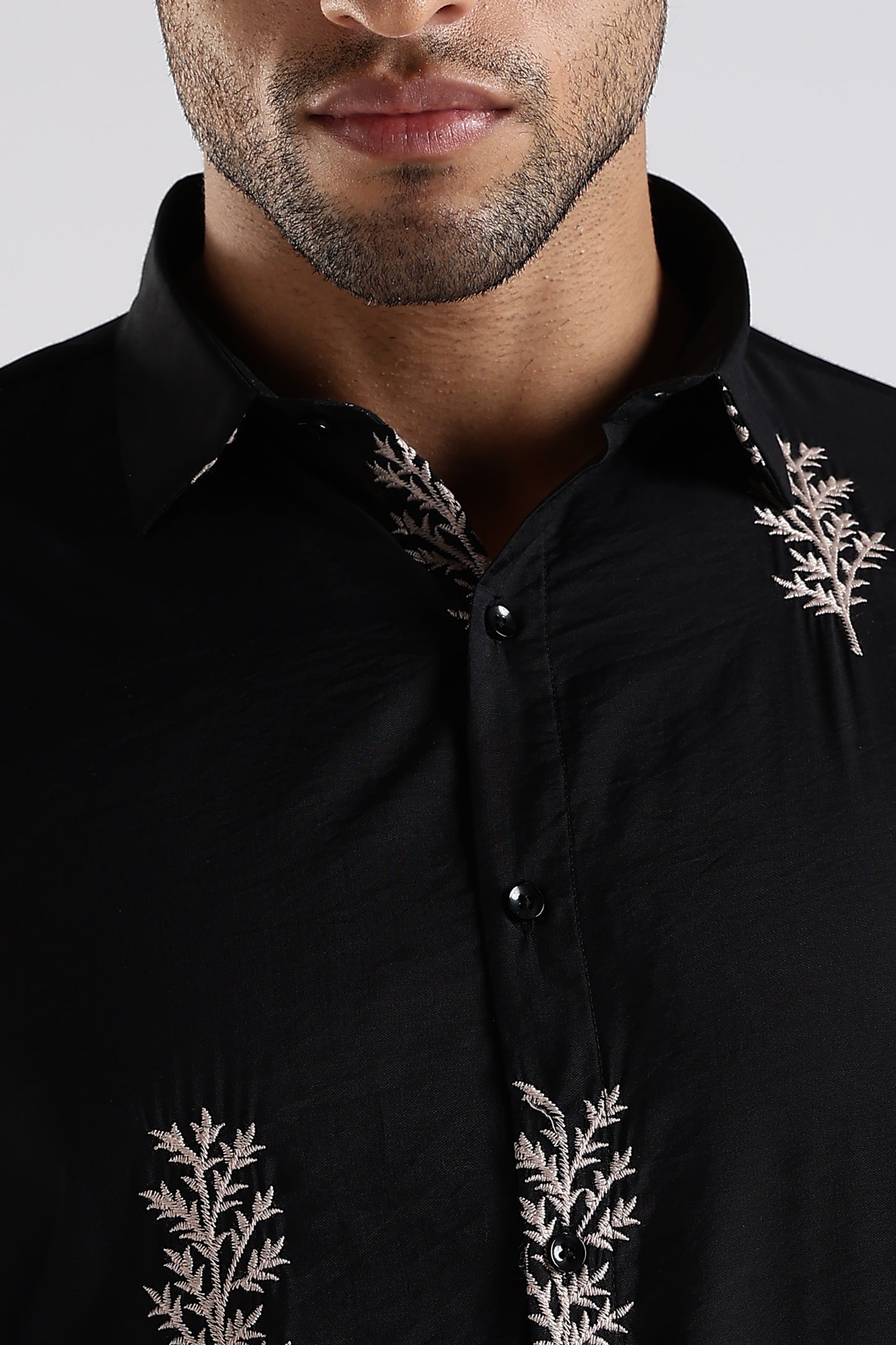 Regular Fit Leaf Embroidary Designer Black Shirt
