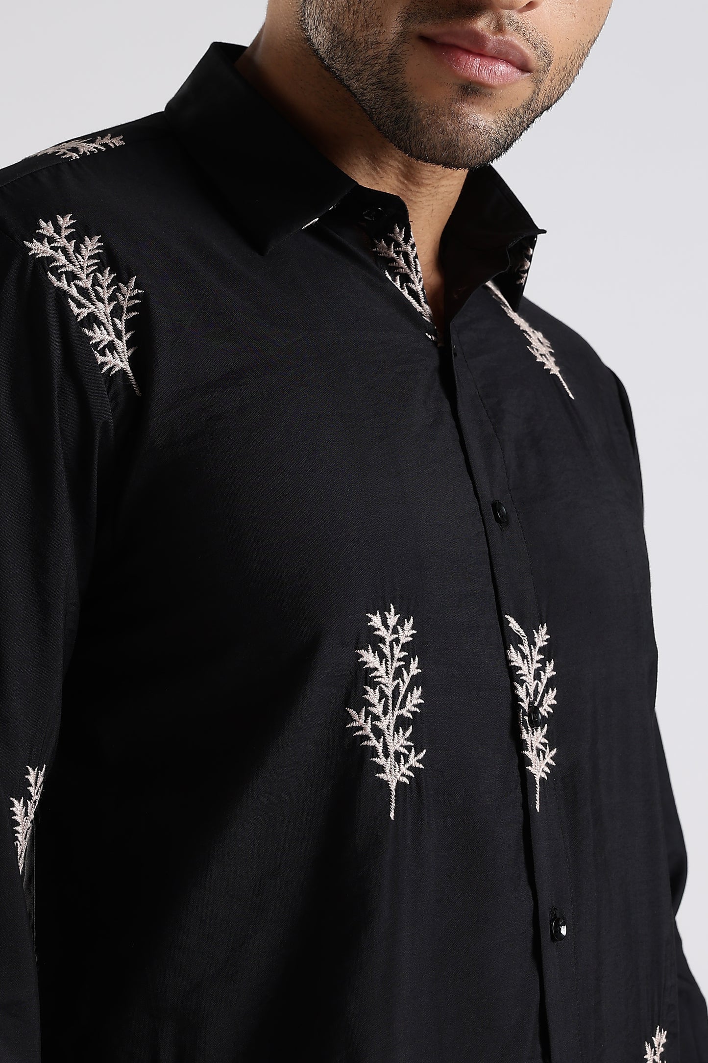 Regular Fit Leaf Embroidary Designer Black Shirt
