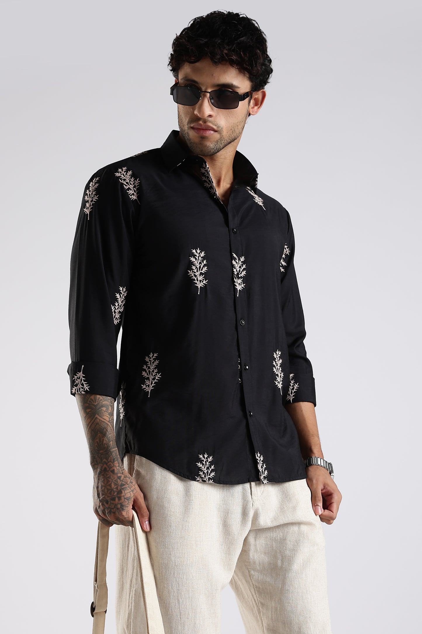 Regular Fit Leaf Embroidary Designer Black Shirt