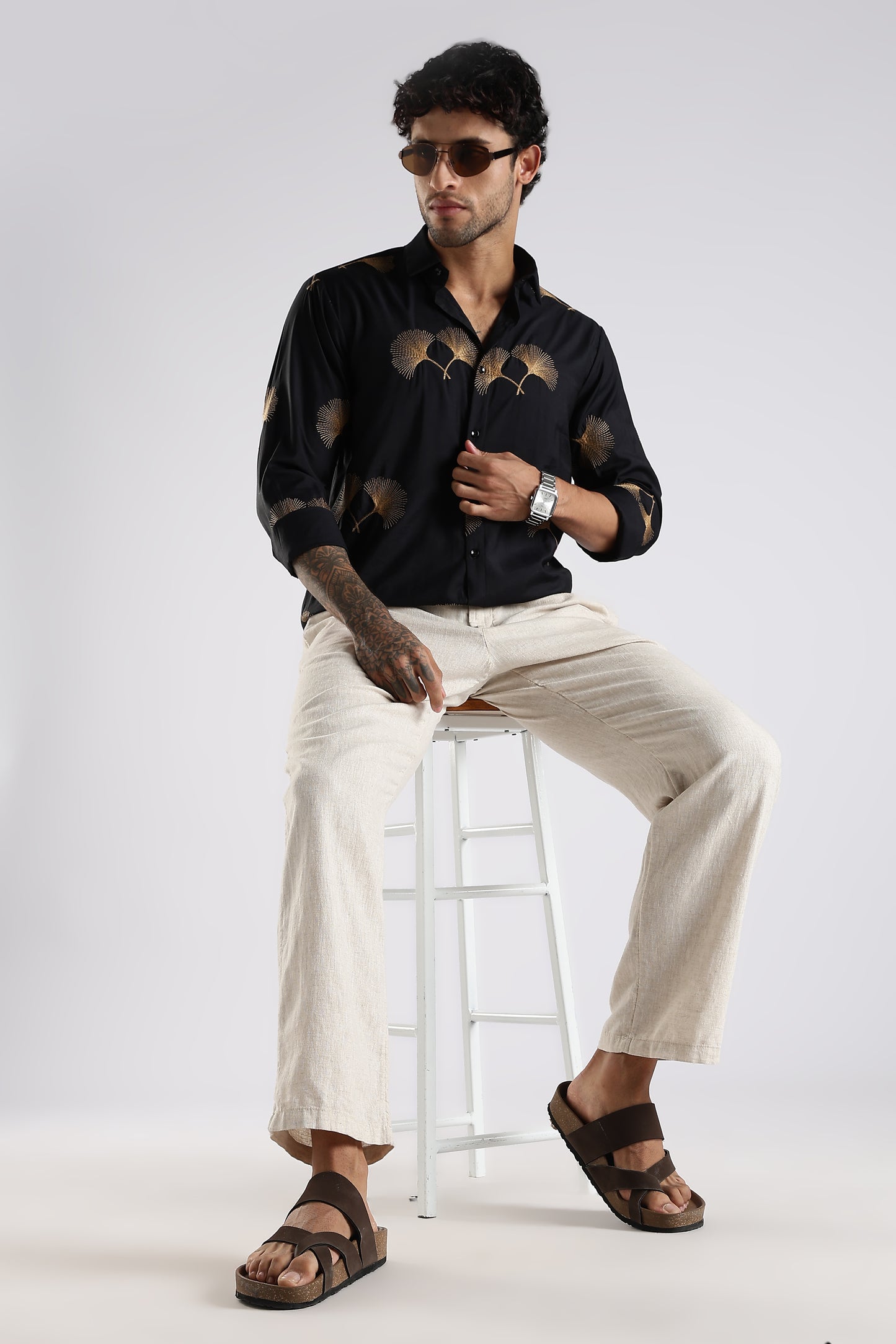 Regular Fit Floral Embroidary Designer Black Shirt