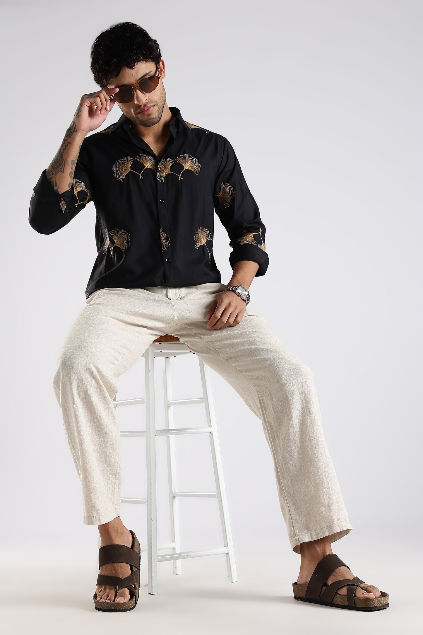 Regular Fit Leaf Embroidary Designer Black Shirt