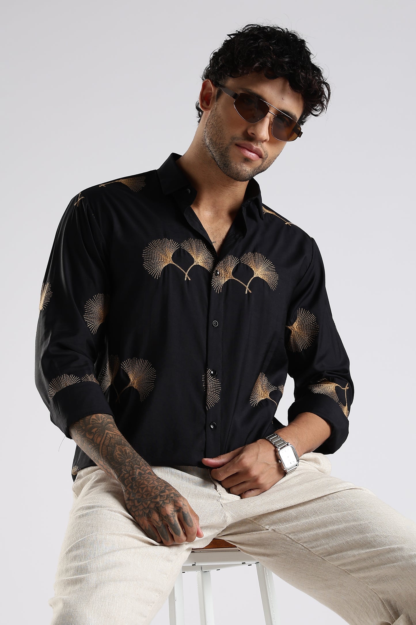 Regular Fit Floral Embroidary Designer Black Shirt