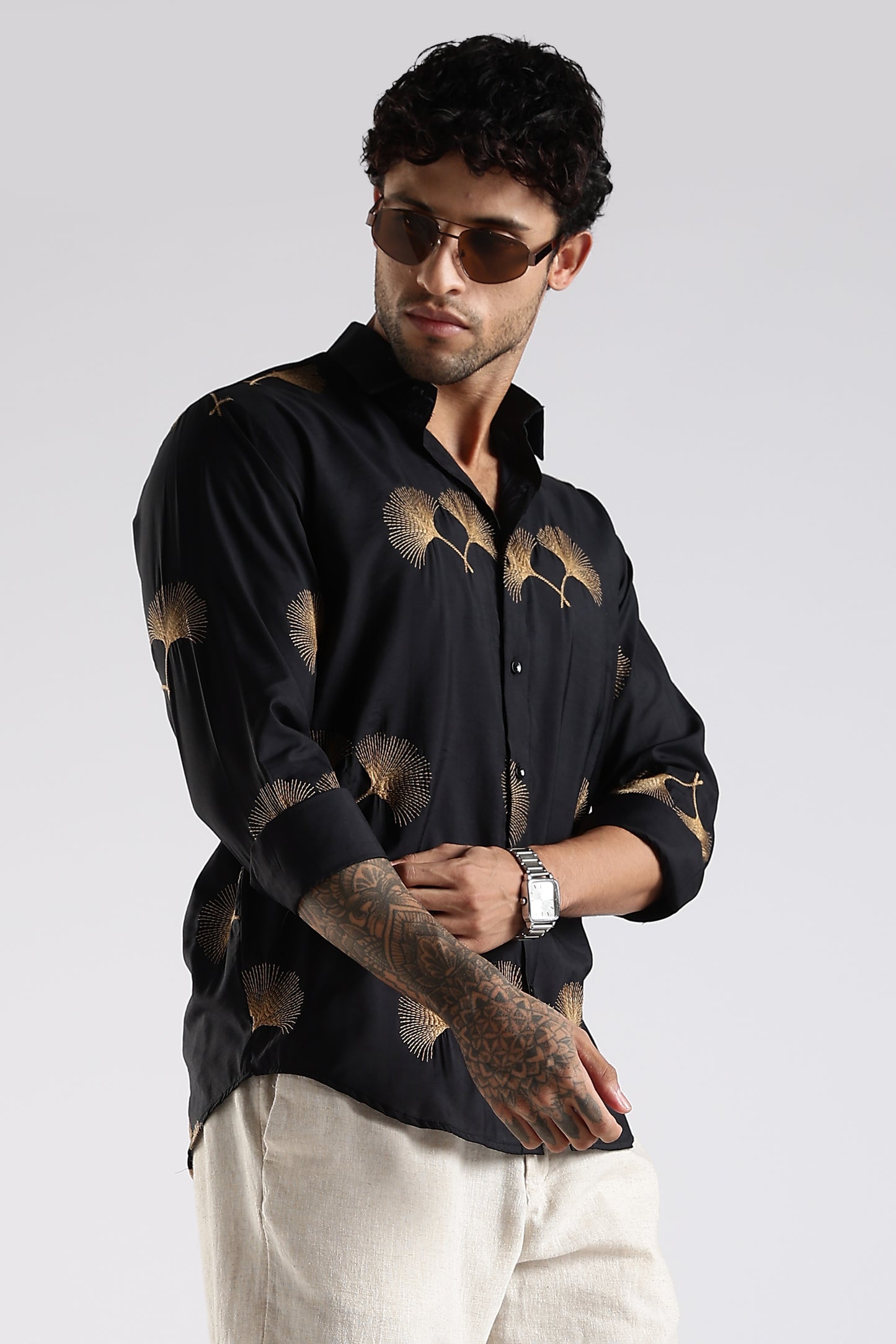 Regular Fit Floral Embroidary Designer Black Shirt