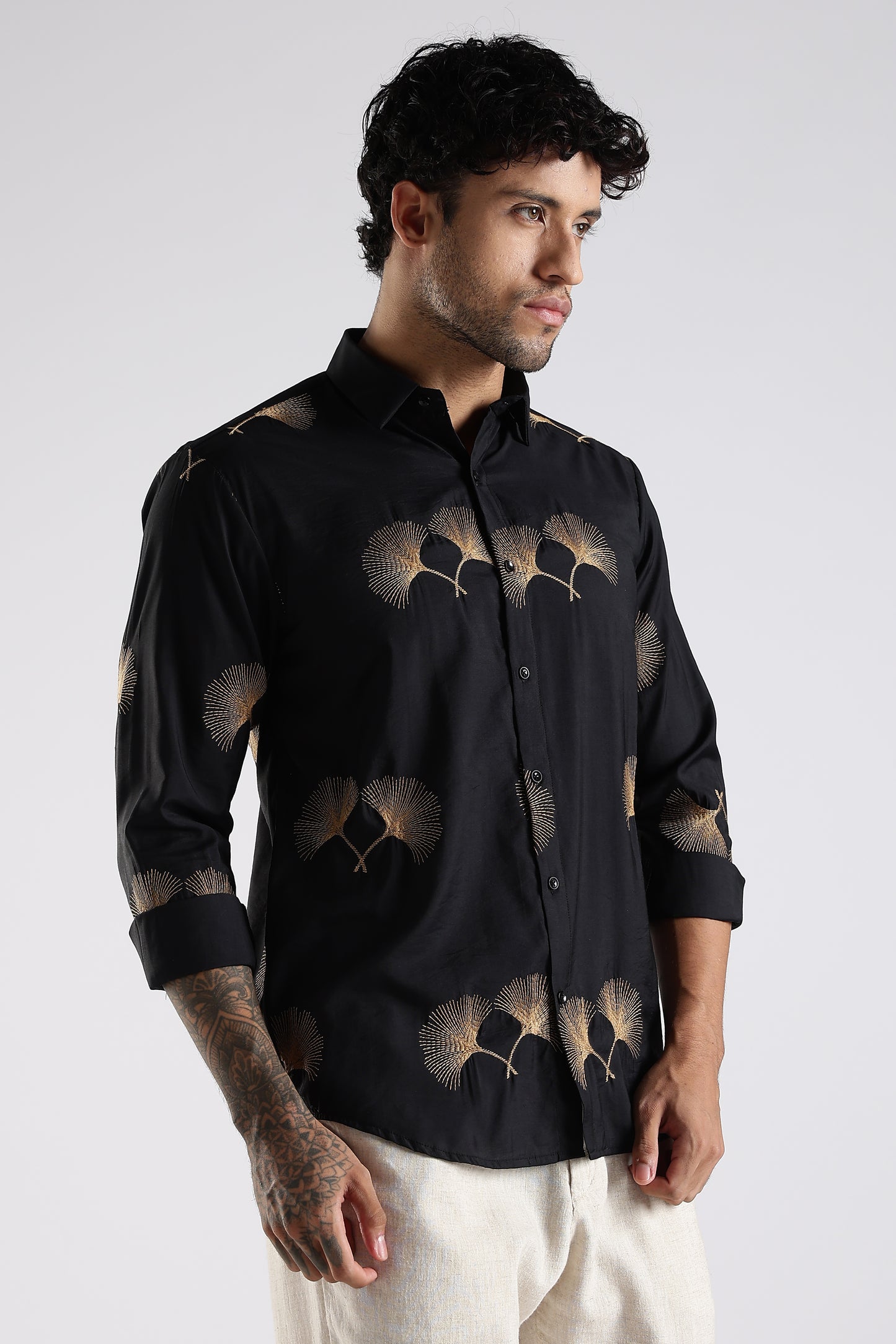 Regular Fit Floral Embroidary Designer Black Shirt