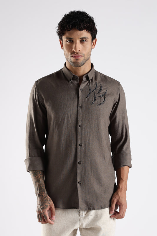 Regular Fit Embroidery Linen Blend Designer Dark Taupe Shirt
