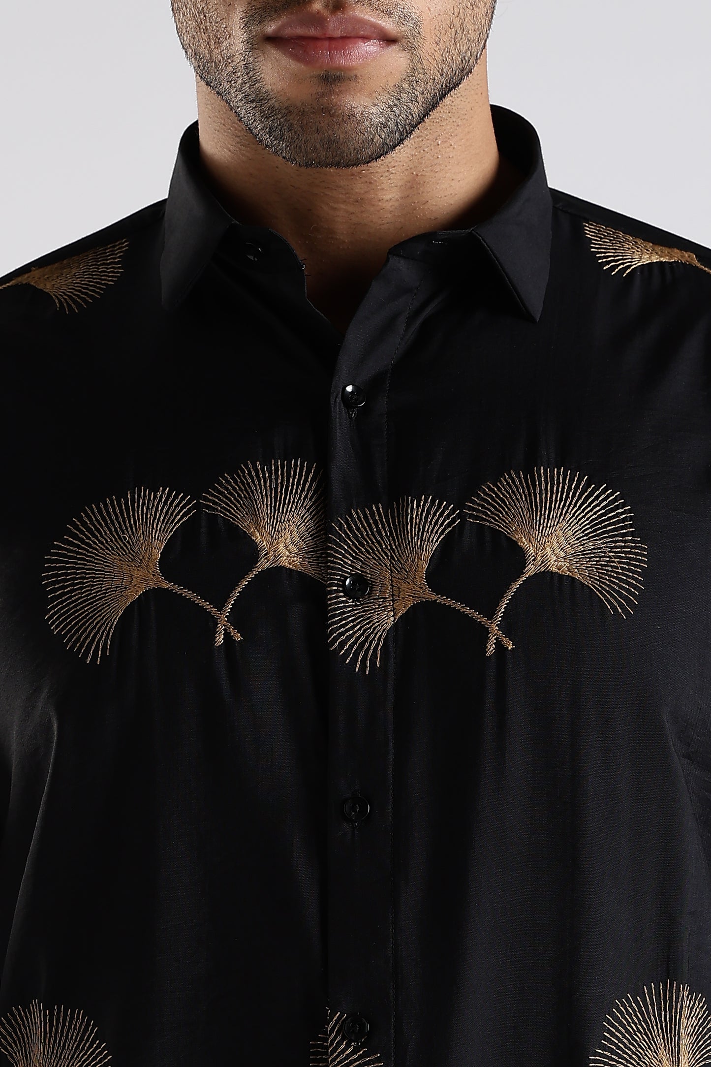 Regular Fit Floral Embroidary Designer Black Shirt