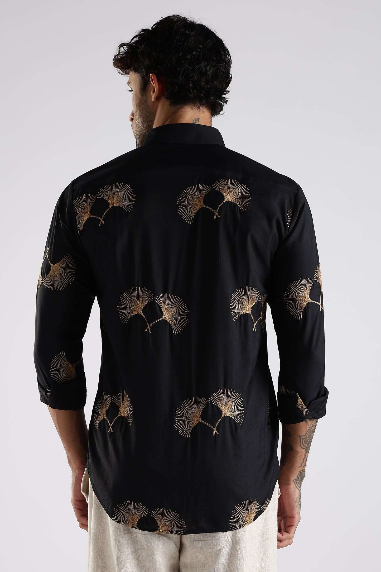 Regular Fit Floral Embroidary Designer Black Shirt
