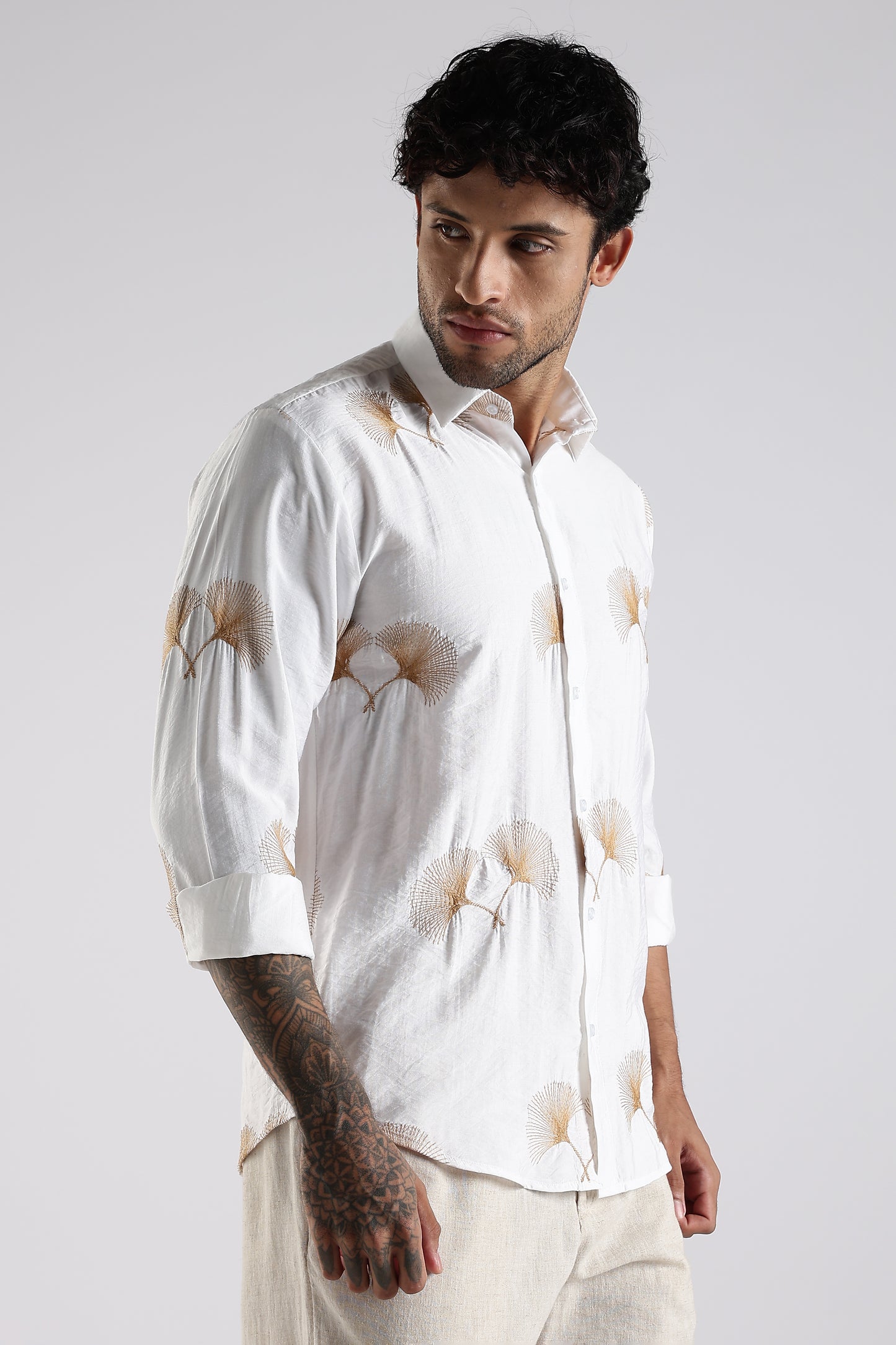 Regular Fit Floral Embroidary Designer White Shirt