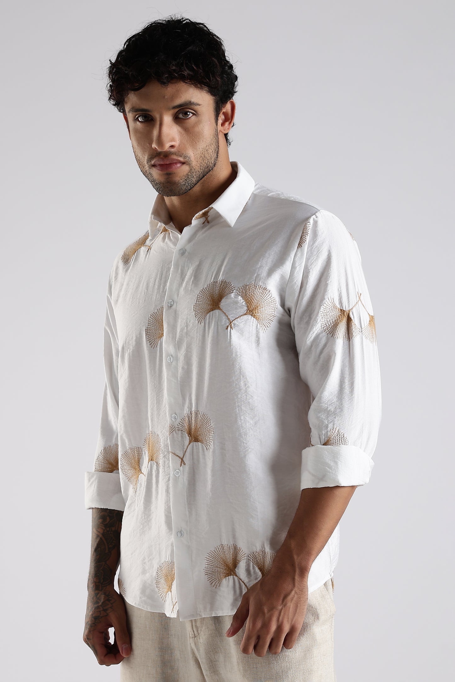 Regular Fit Floral Embroidary Designer White Shirt