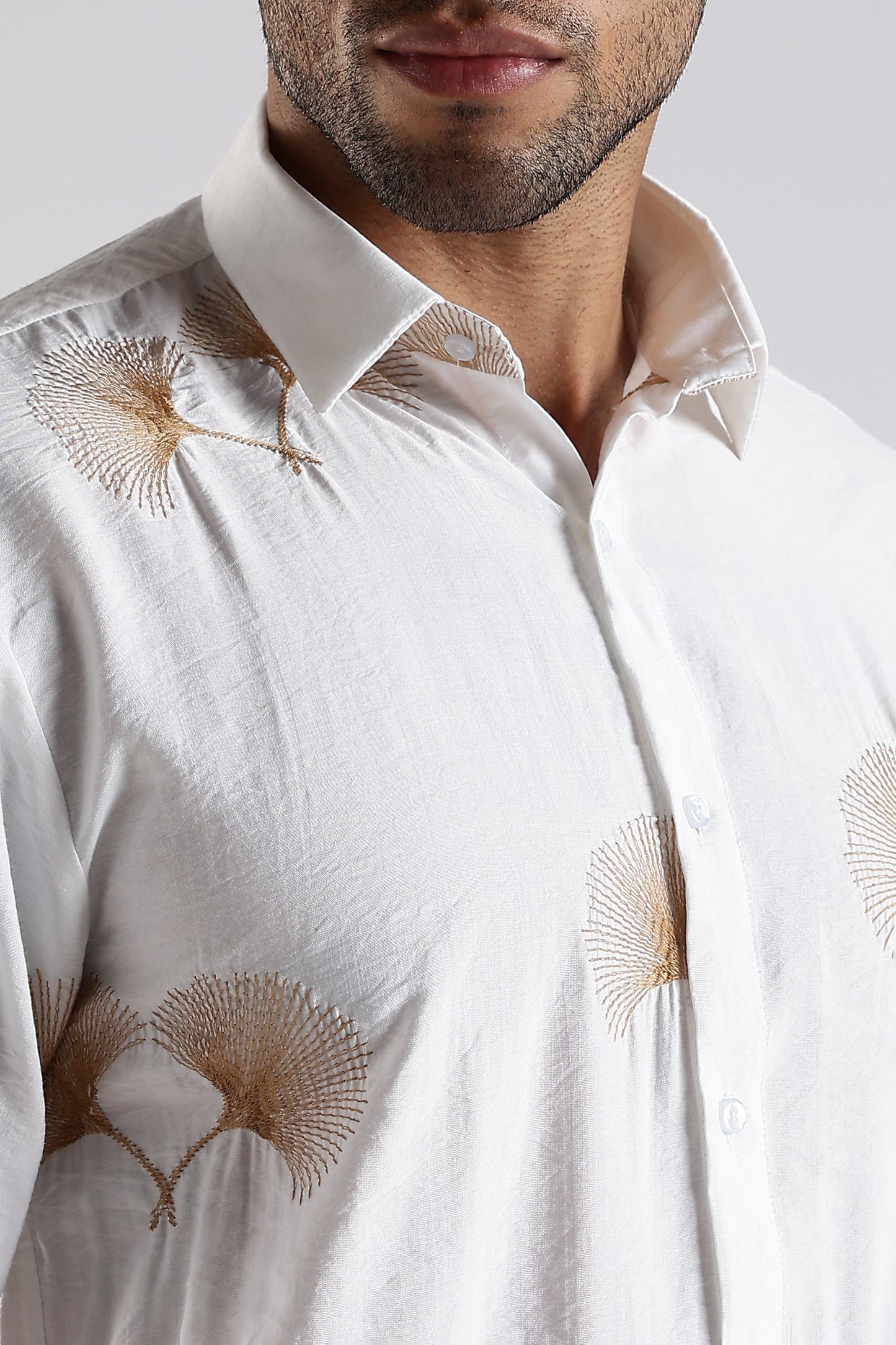 Regular Fit Floral Embroidary Designer White Shirt
