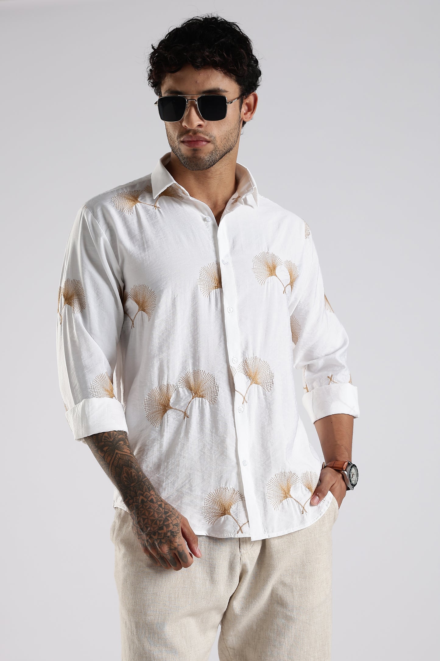 Regular Fit Floral Embroidary Designer White Shirt