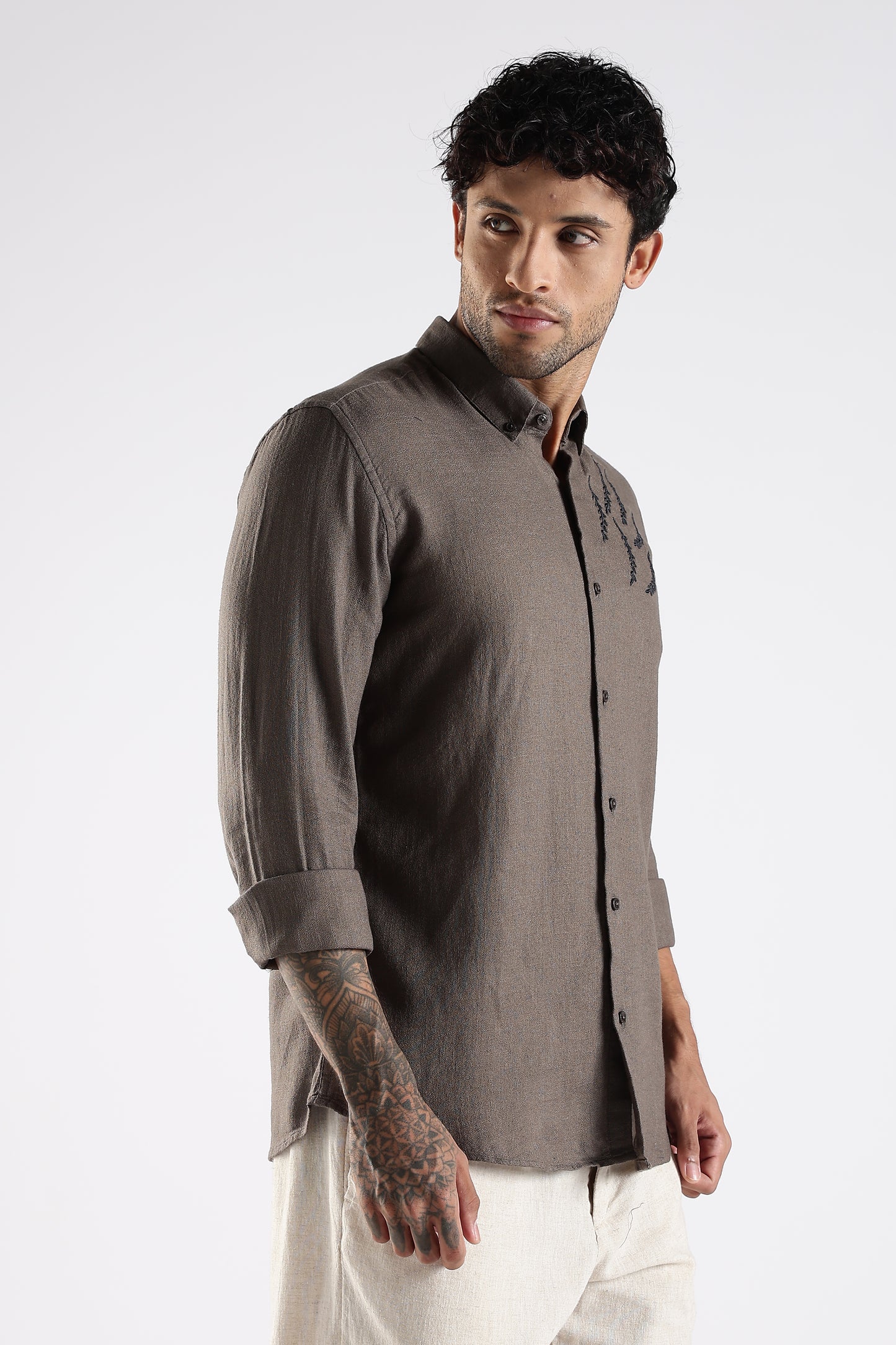Regular Fit Embroidery Linen Blend Designer Dark Taupe Shirt
