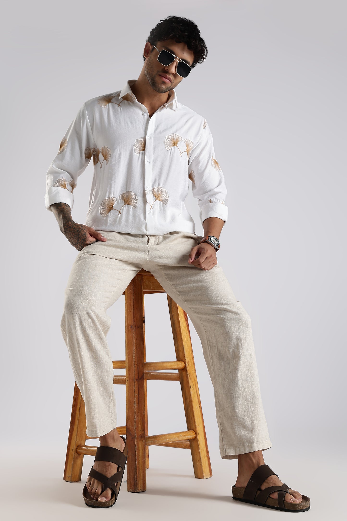 Regular Fit Floral Embroidary Designer White Shirt