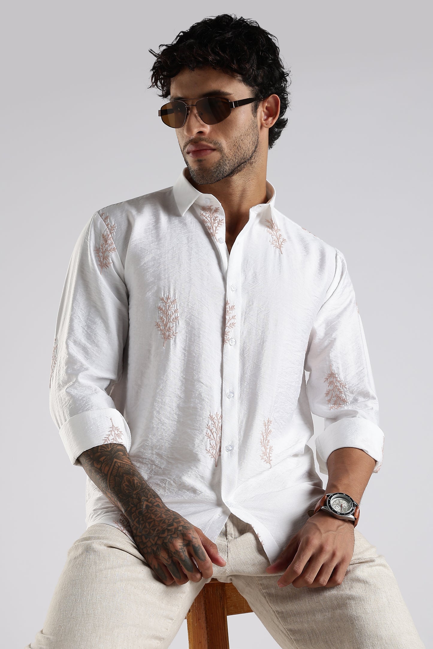 Regular Fit Embroidary Designer White Shirt