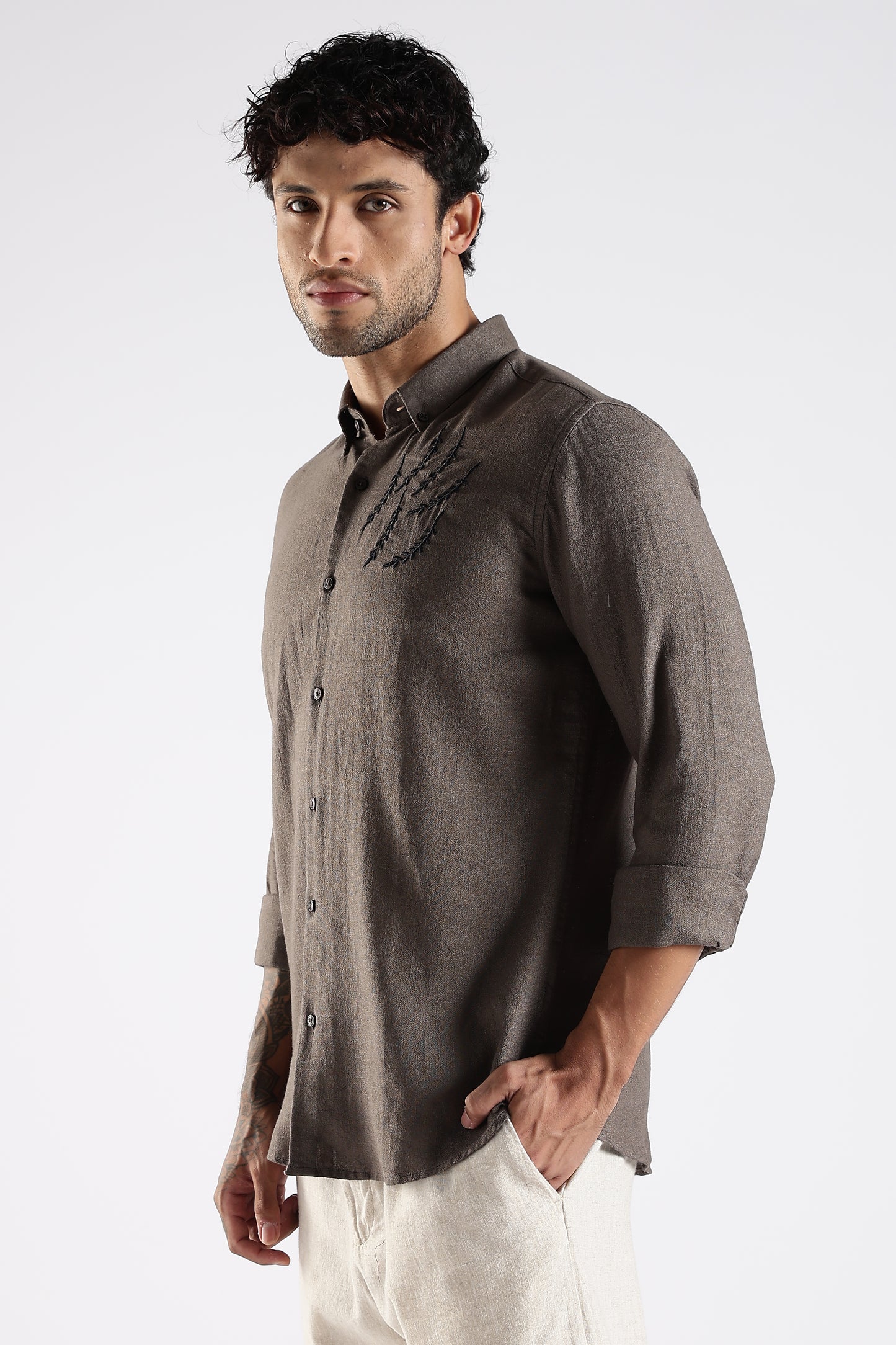 Regular Fit Embroidery Linen Blend Designer Dark Taupe Shirt