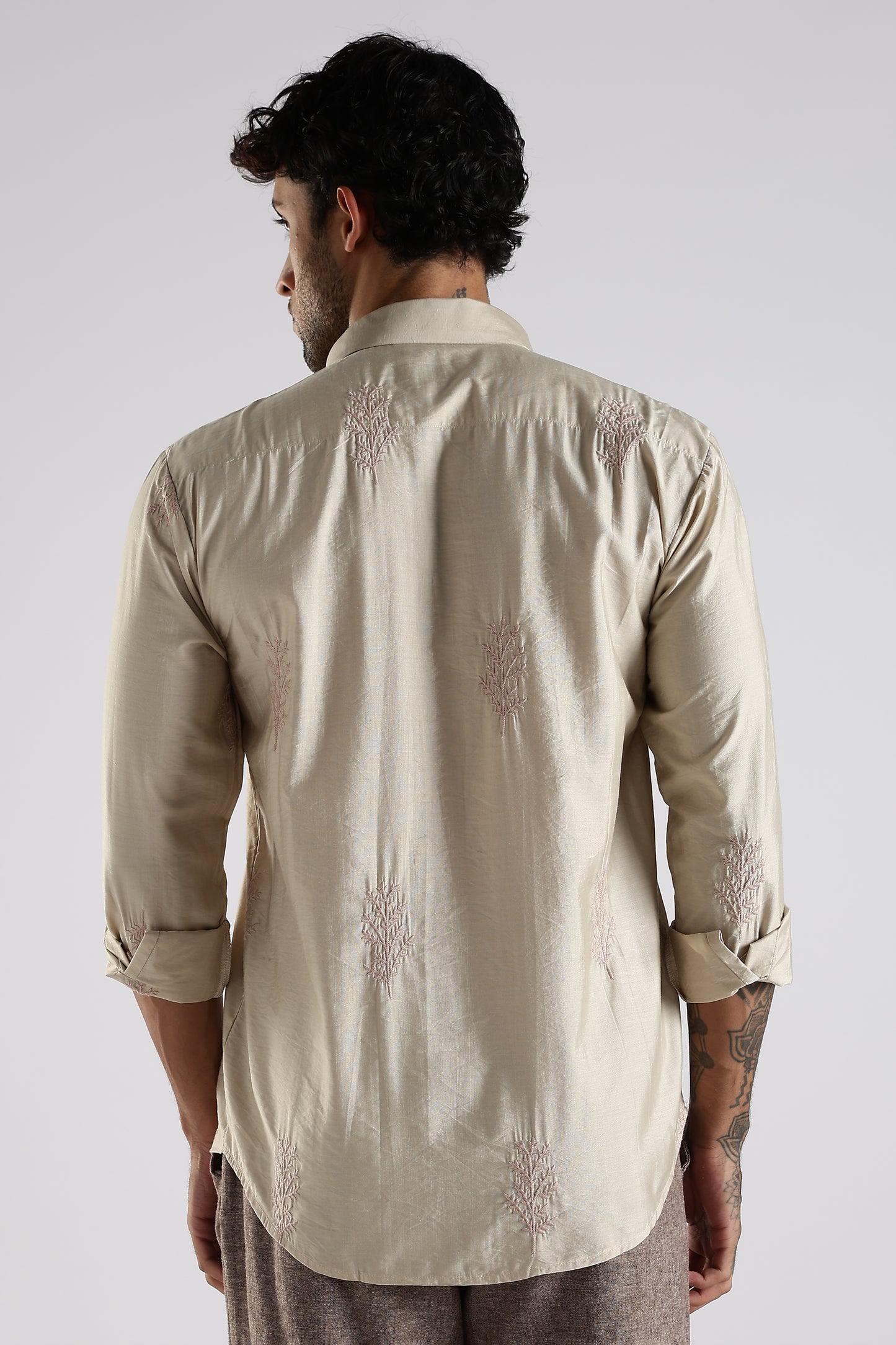 Regular Fit Leaf Embroidary Designer Beige Shirt