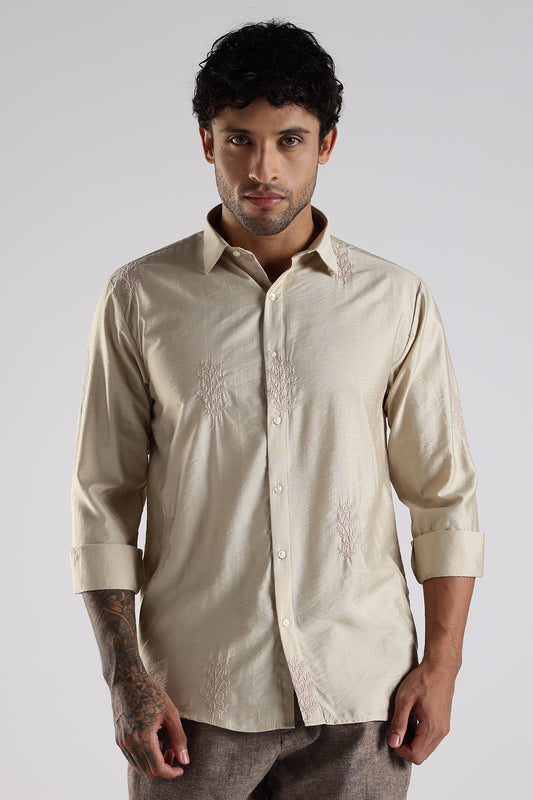 Regular Fit Embroidary Designer Beige Shirt