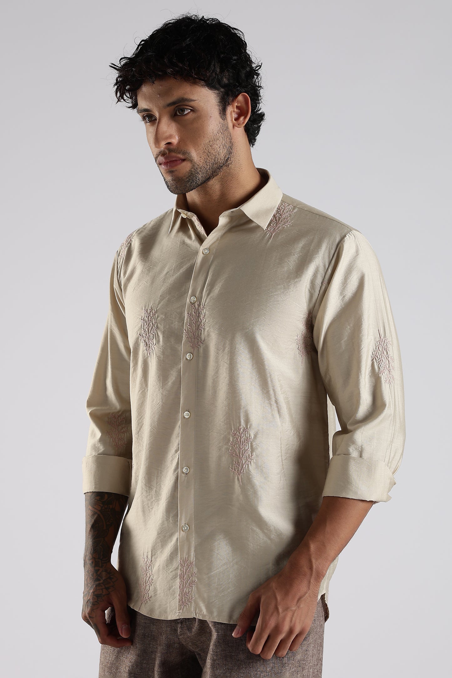Regular Fit Leaf Embroidary Designer Beige Shirt