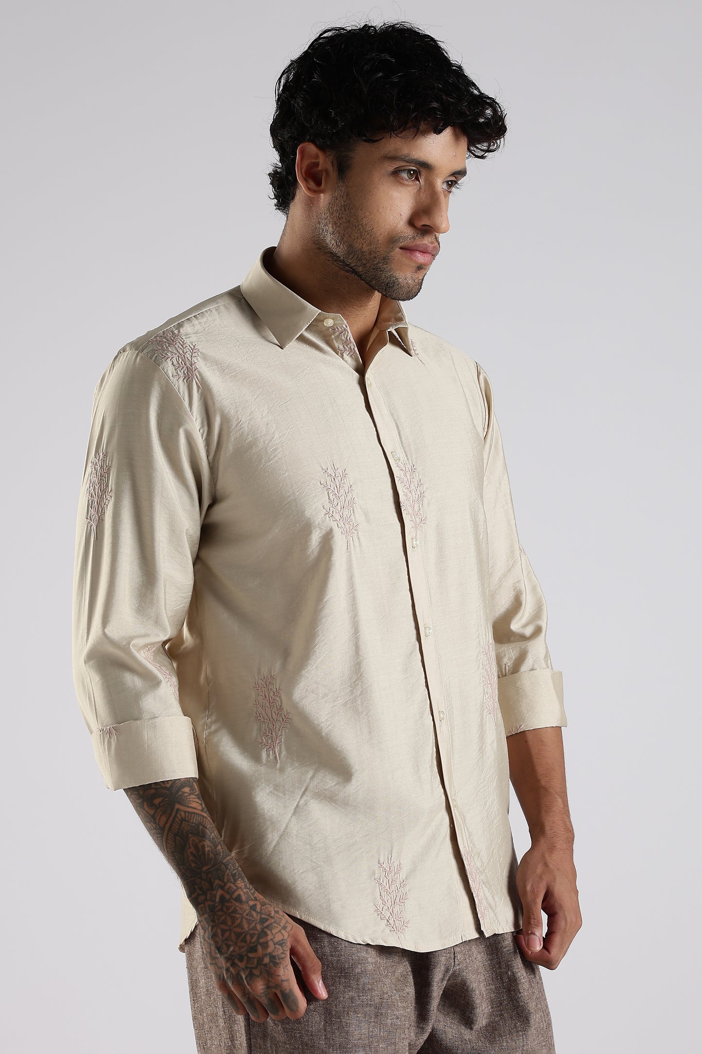 Regular Fit Leaf Embroidary Designer Beige Shirt