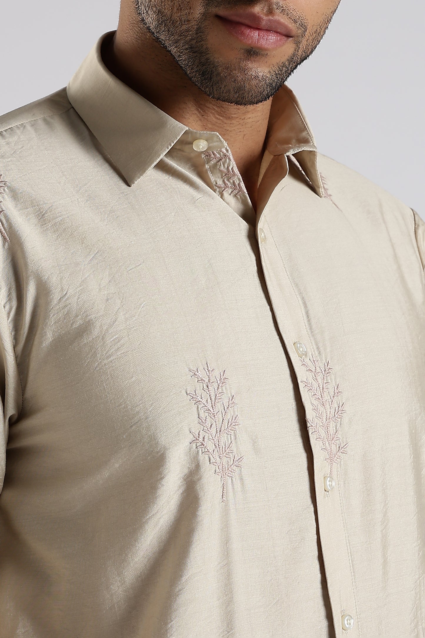 Regular Fit Leaf Embroidary Designer Beige Shirt