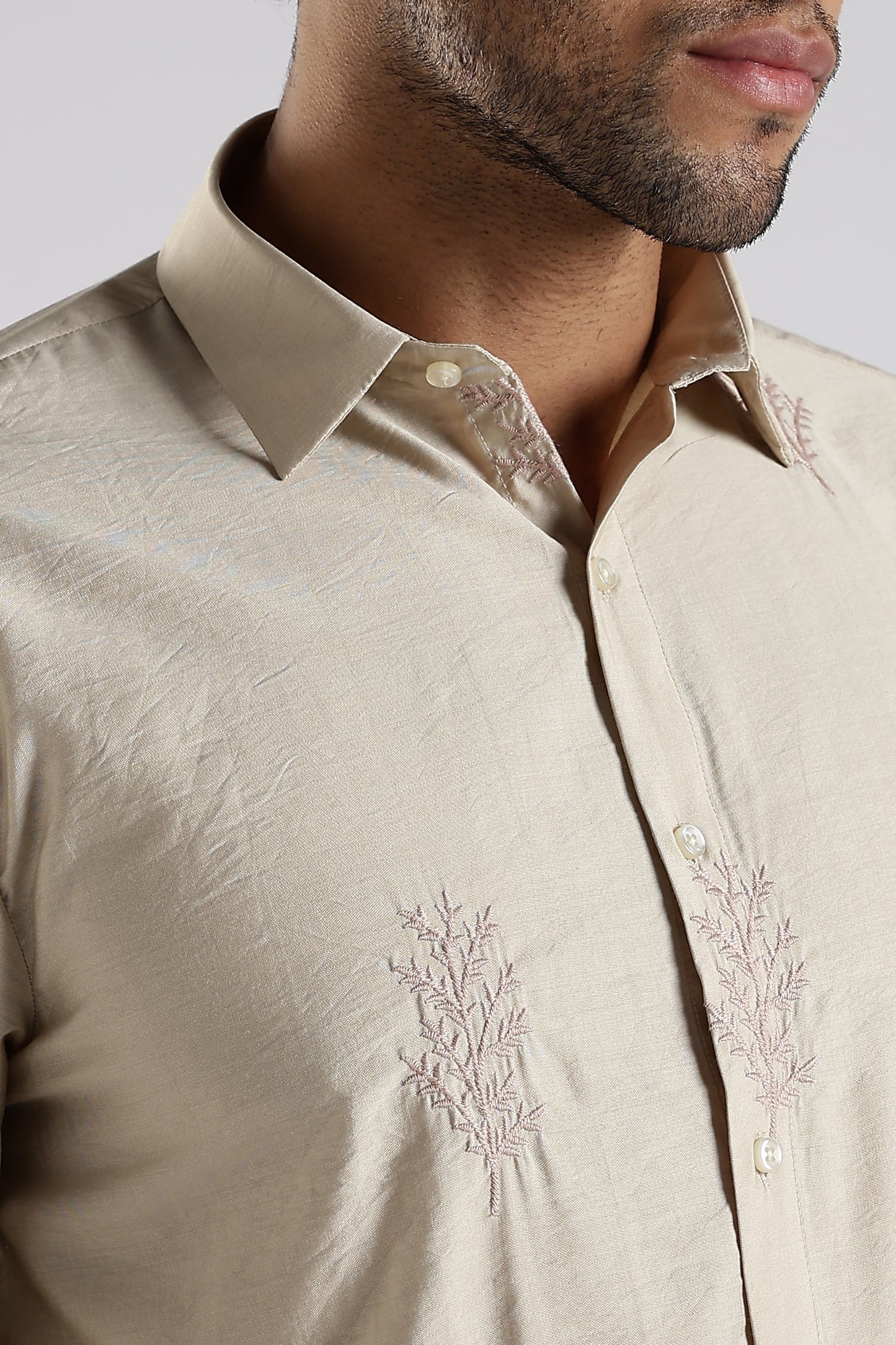 Regular Fit Leaf Embroidary Designer Beige Shirt