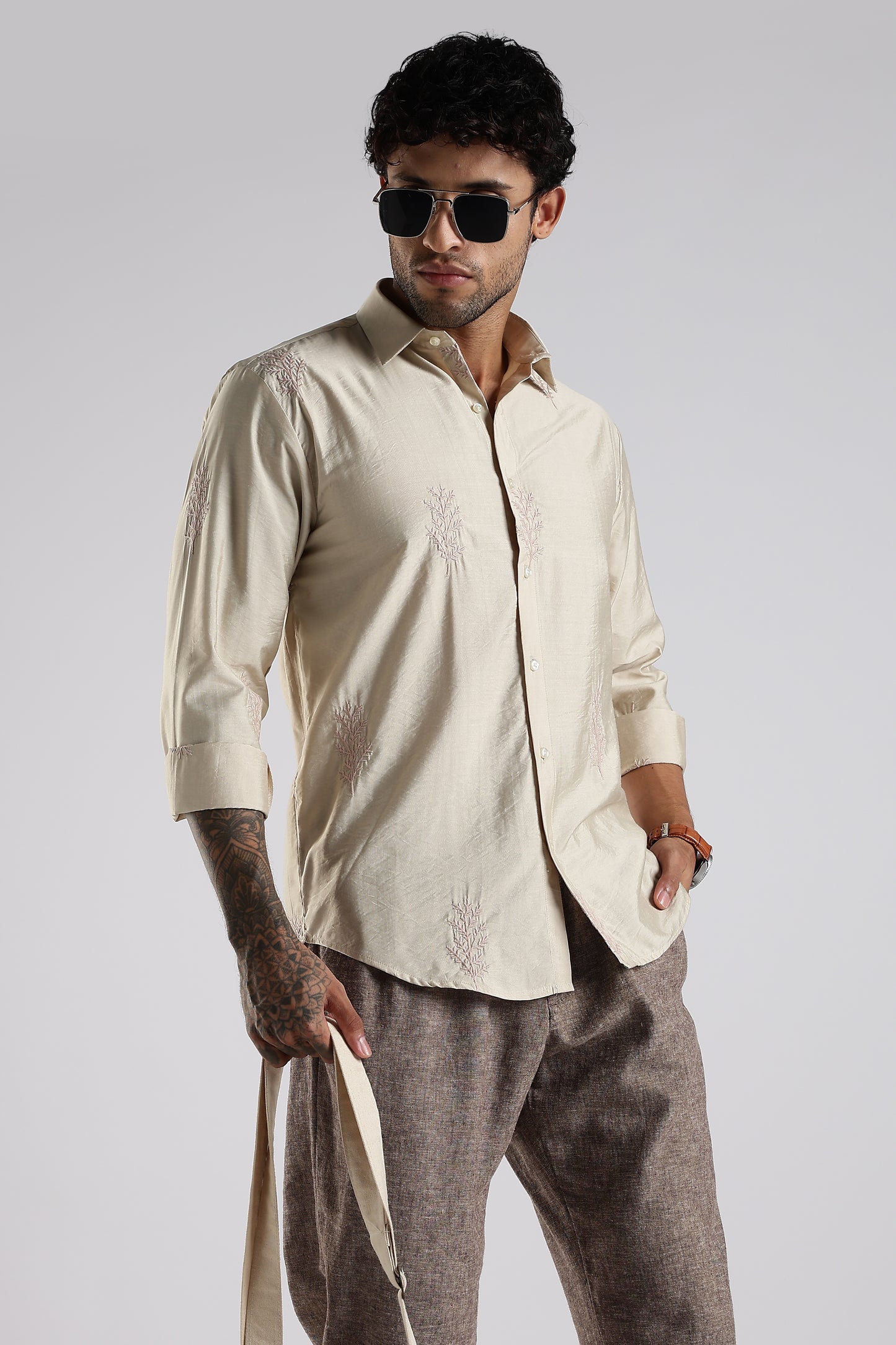 Regular Fit Leaf Embroidary Designer Beige Shirt