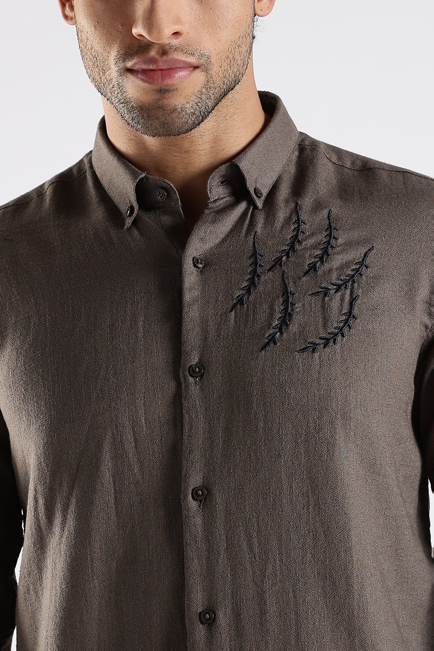 Regular Fit Embroidery Linen Blend Designer Dark Taupe Shirt