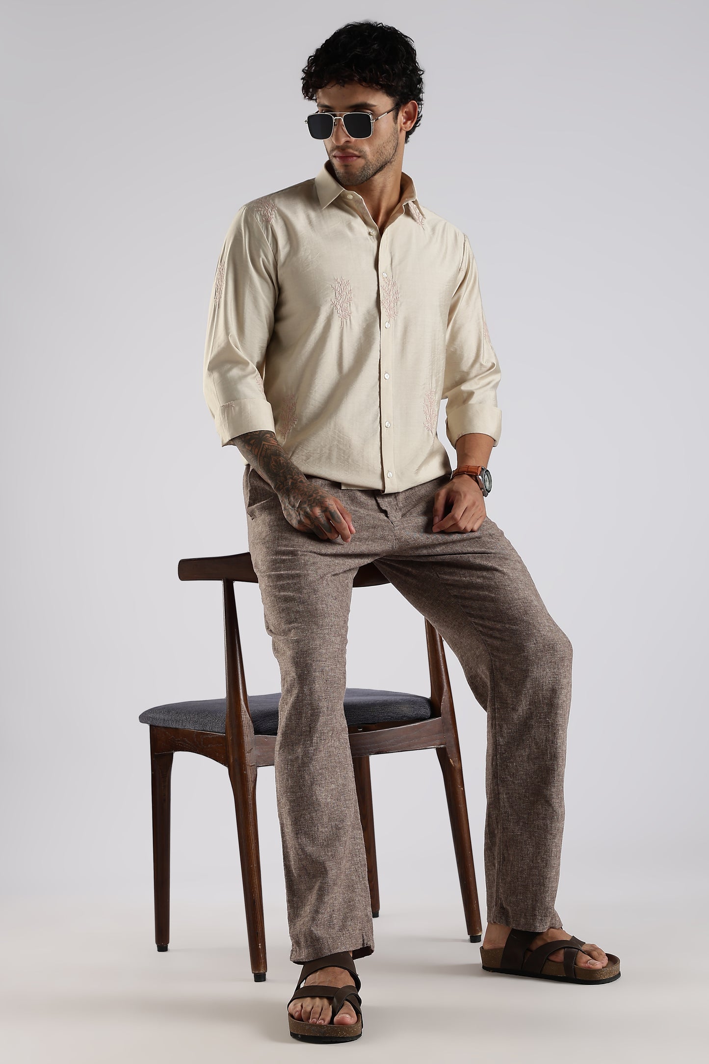 Regular Fit Leaf Embroidary Designer Beige Shirt