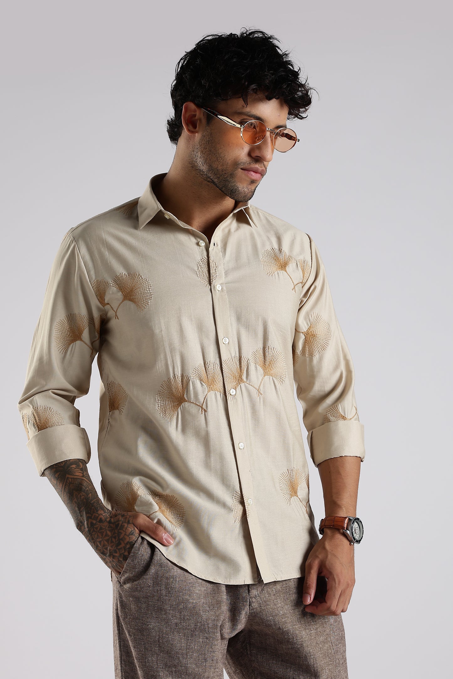 Regular Fit Embroidary Designer Beige Shirt
