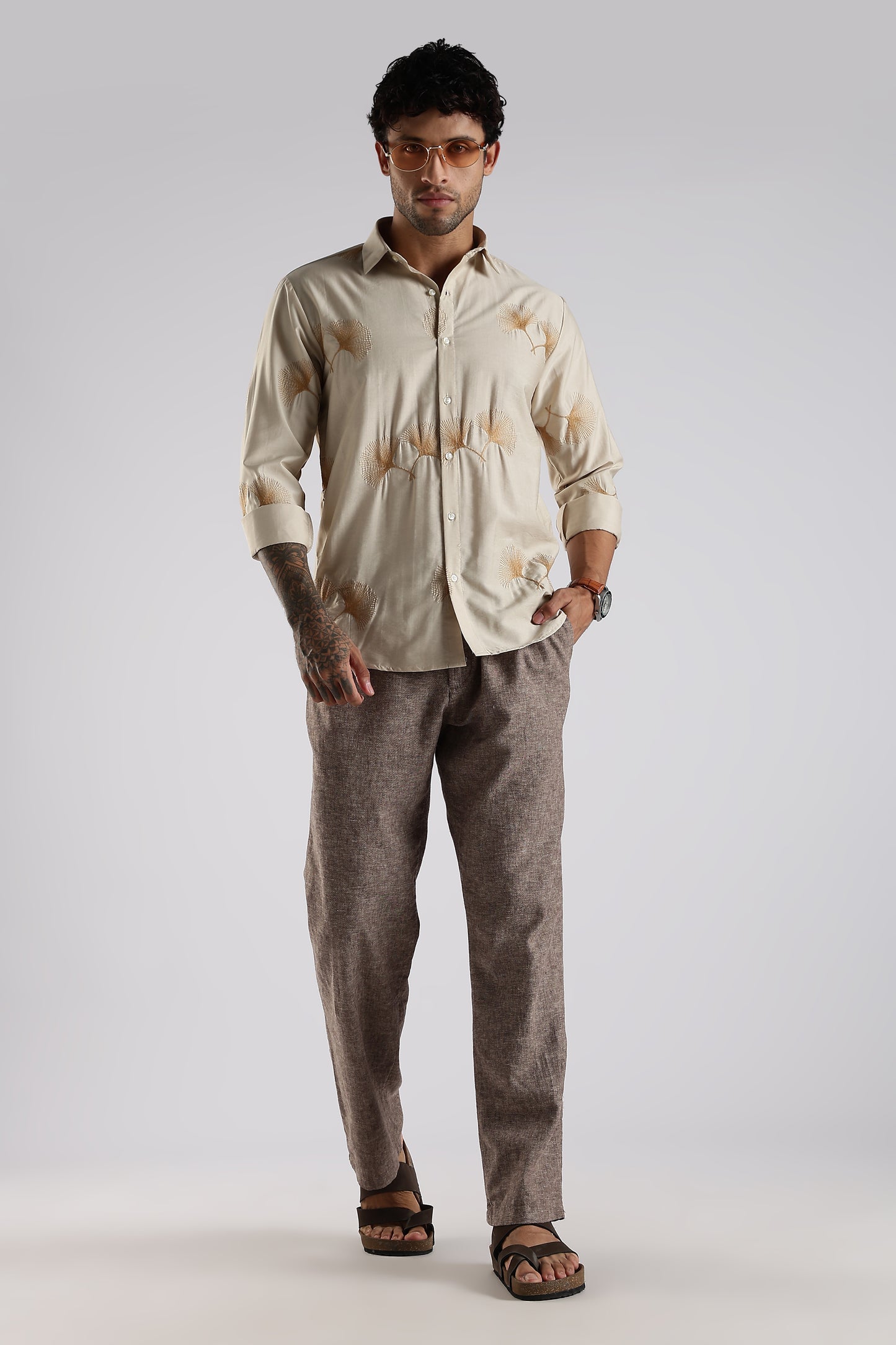 Regular Fit Embroidary Designer Beige Shirt