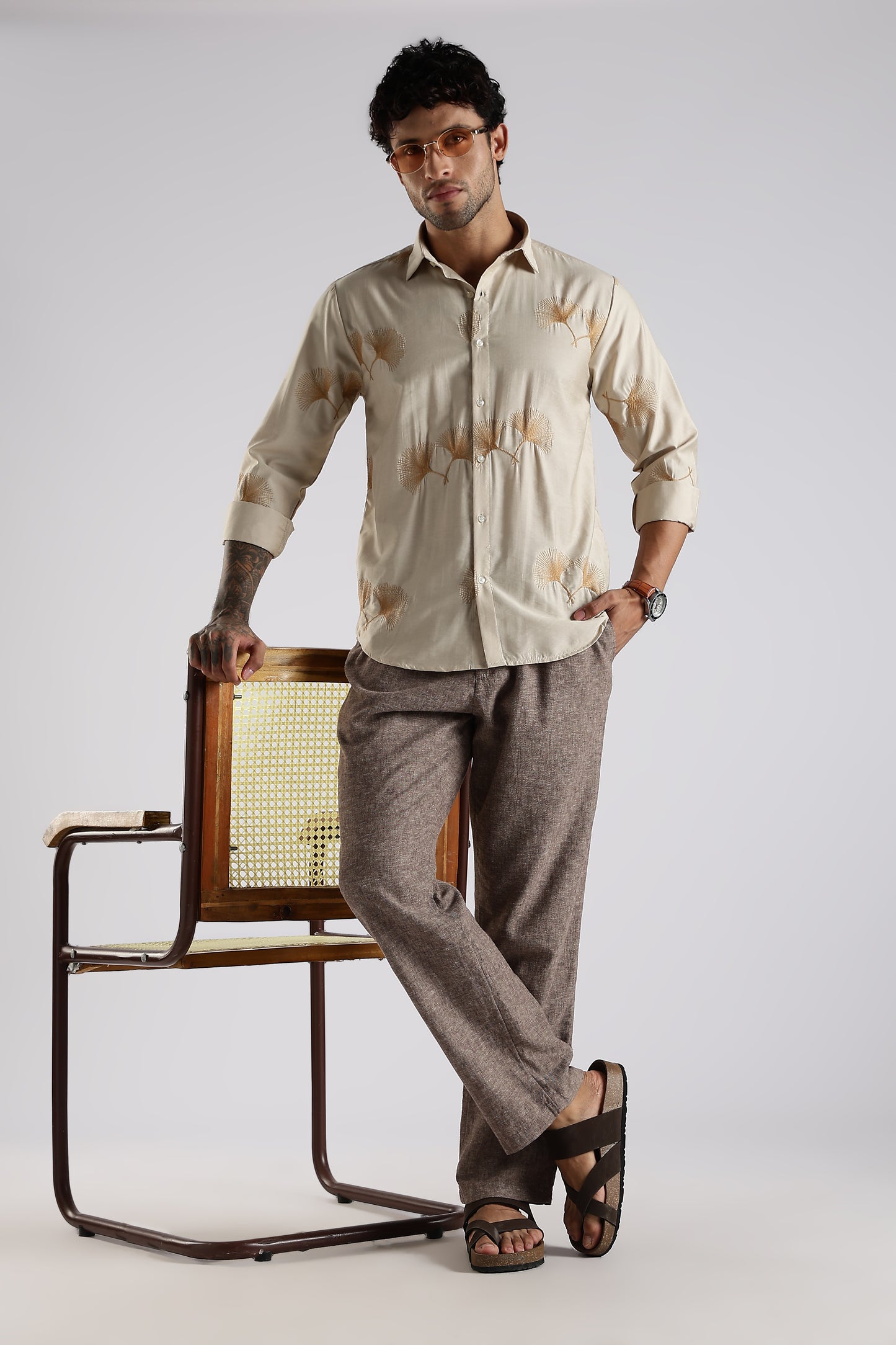 Regular Fit Embroidary Designer Beige Shirt