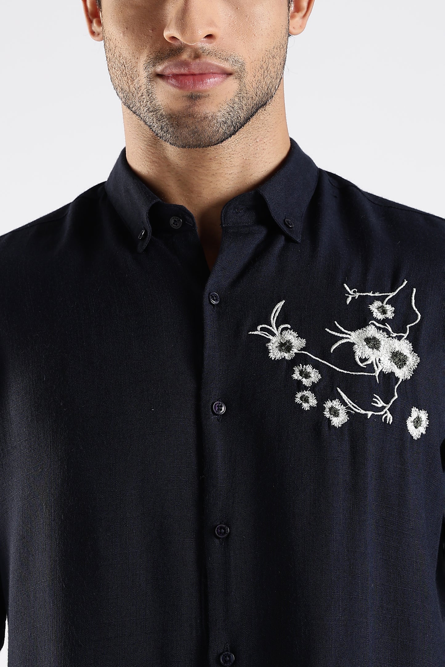 Regular Fit Embroidery Linen Blend  Dark Navy Blue Designer Shirt