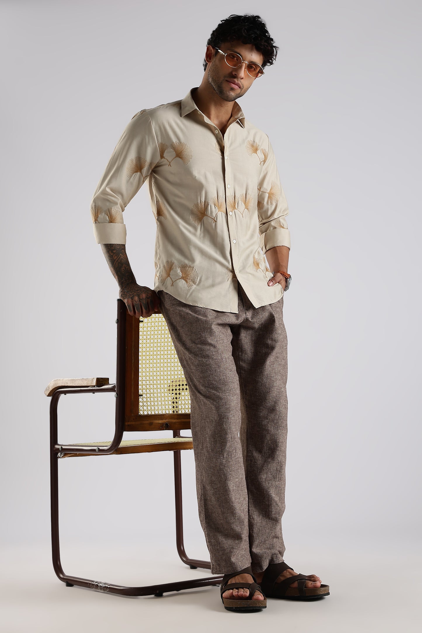 Regular Fit Embroidary Designer Beige Shirt