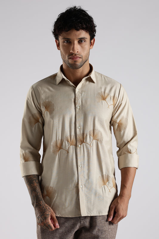 Regular Fit Embroidary Designer Beige Shirt